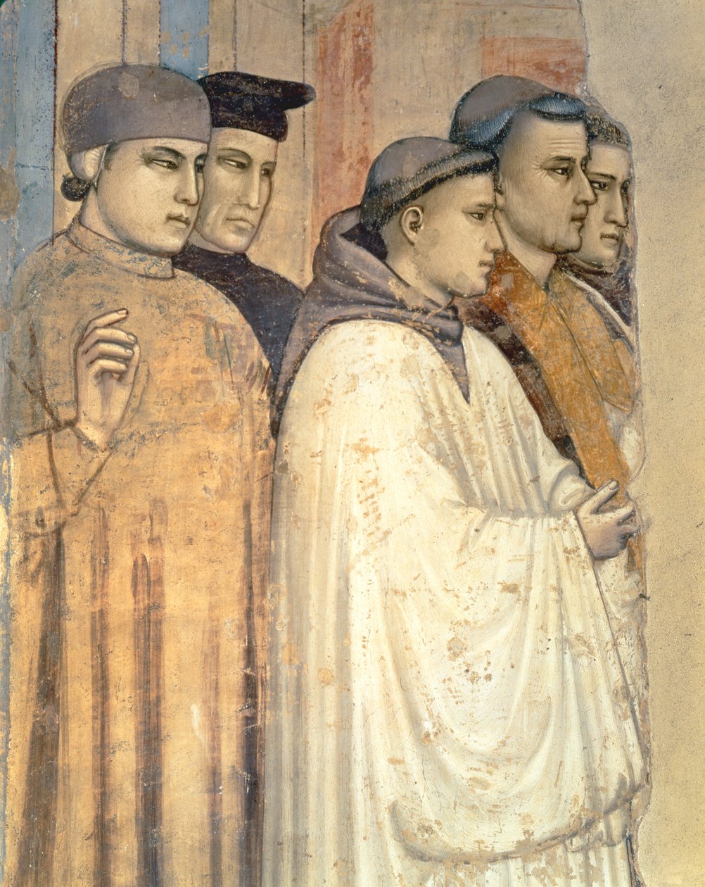 The Death of St. Francis, detalj av de stående sörjande på vänster sida, från Bardi kapell fresk detalj av 63330 av Giotto di Bondone