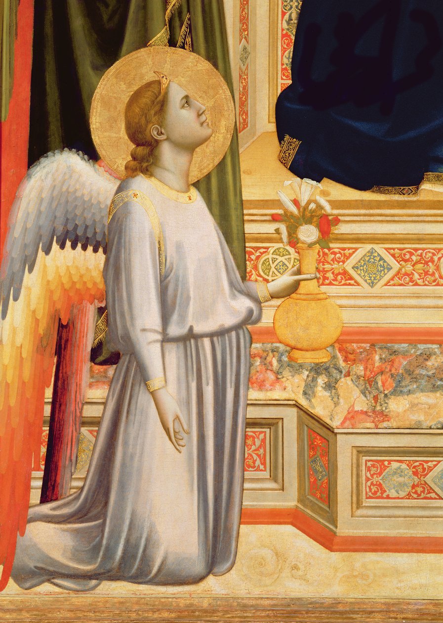 Madonna di Ognissanti-detalj av knästående ängel med vas med blommor, ca 1310 se även 63334 av Giotto di Bondone