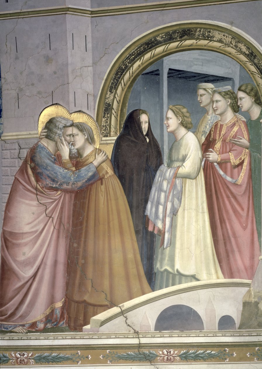 Mötet vid Golden Gate, detalj av Joachim och St. Anne som omfamnar, ca 1305 freskdetalj av 65216 av Giotto di Bondone