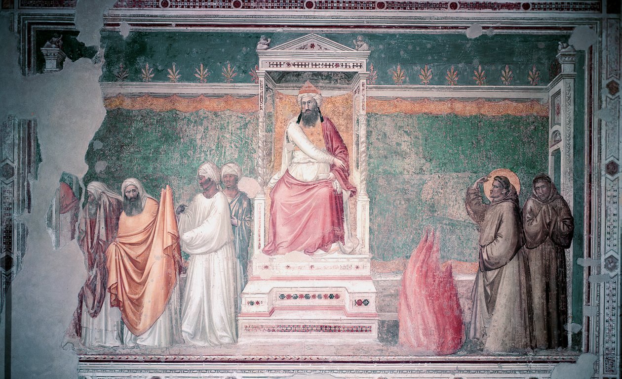Rättegång genom eld mot den helige Franciskus av Assisi inför sultanen av Egypten, från Bardi-kapellet, ca 1320 av Giotto di Bondone