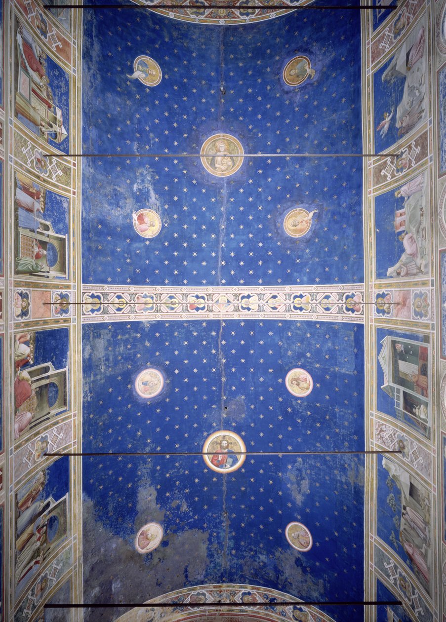 Vy över takvalvet med medaljonger som föreställer Kristus, Madonnan med barn och kyrkans doktorer, ca 1305 av Giotto di Bondone