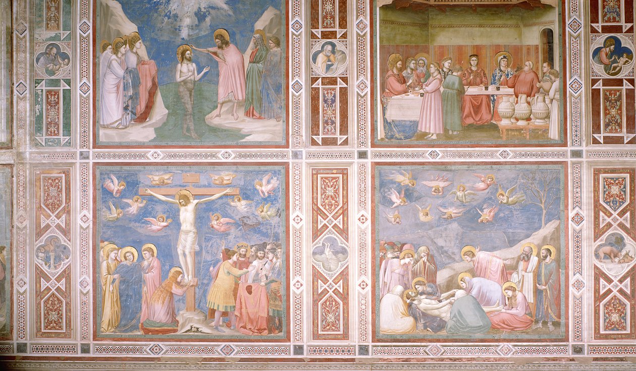 Vy över den norra väggens nedre och mellersta register, ca 1305 (detalj) av Giotto di Bondone