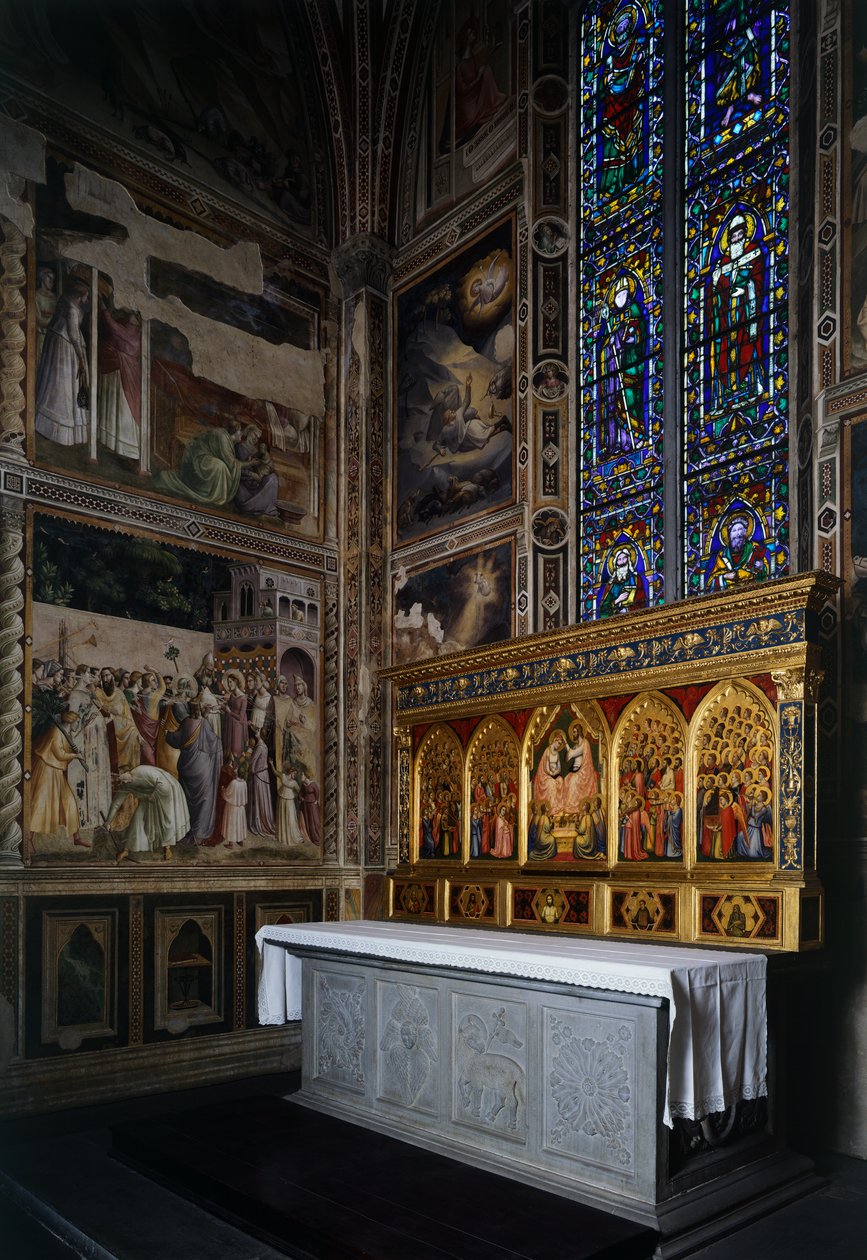 Baroncelli Chapel, Baroncelli polyptyk ovanför altaret, ca 1328, av Giotto (1267-1337), tempera och guld på panel, Basilica of Santa Croce, Florens. Italien av Giotto (c.1266 1337)
