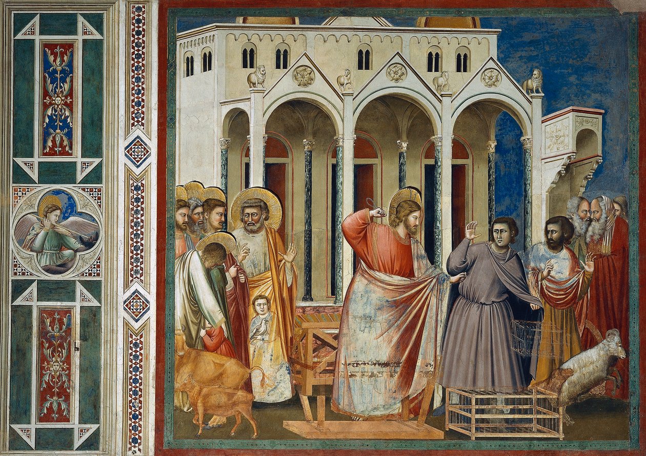Utvisning av köpmän från templet, Detail from Life and Passion of Christ, av Giotto av Giotto (c.1266 1337)