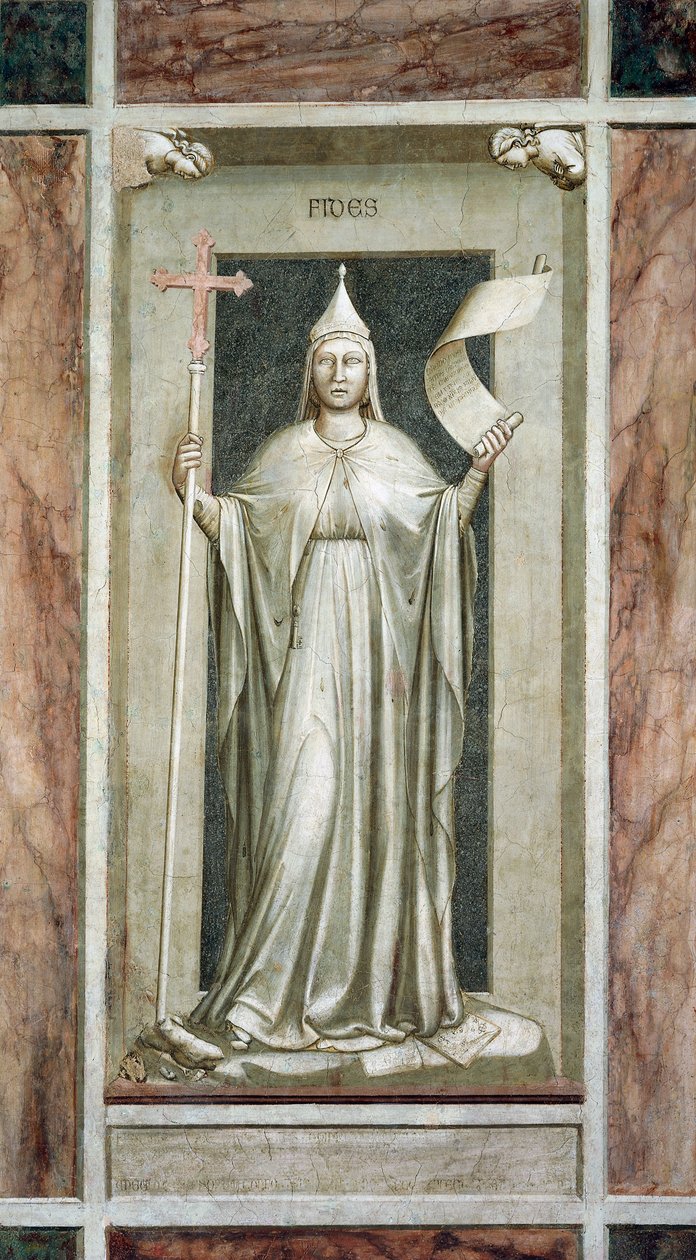 Tro, kvinnlig figur som håller korset och en rullsymbol för den uppenbarade sanningen, samtidigt som de förstör en idol och står på symboler för kabbalan, av Giotto, cykel av fresker The Vices and Virtues, efter restaurering, Scrovegni Chapel, Padua, Venet av Giotto (c.1266 1337)