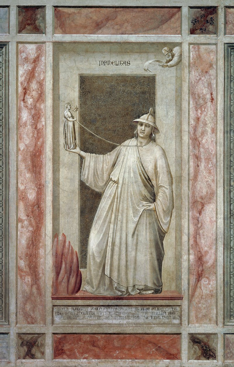 Trolöshet (även kallad avgudadyrkan), manlig figur som vänder sig bort från Gud och håller en idol som håller honom bunden vid halsen, av Giotto, detalj från freskercykeln The Vices and Virtues, efter restaureringen, Scrovegni Chapel, Padua, Veneto, Italie av Giotto (c.1266 1337)