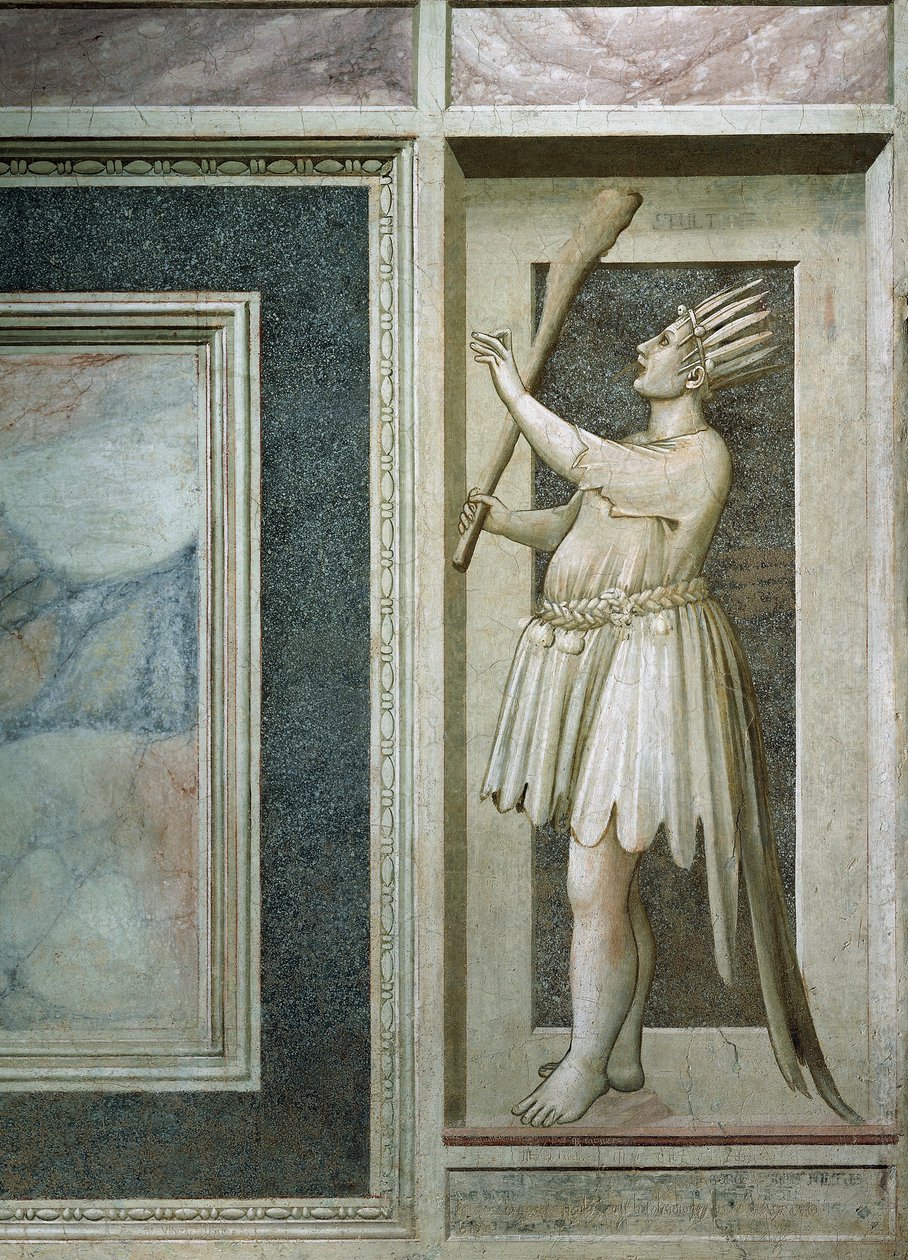 Dårskap, mansfigur med mun stängd av ett lås, en klubba i höger hand, huvud täckt av fjädrar och påfågelsvans, av Giotto, detalj från freskernas cykel The Vices and Virtues, efter restaurering 2002, Scrovegni Chapel, Padua, Veneto , Italien. av Giotto (c.1266 1337)