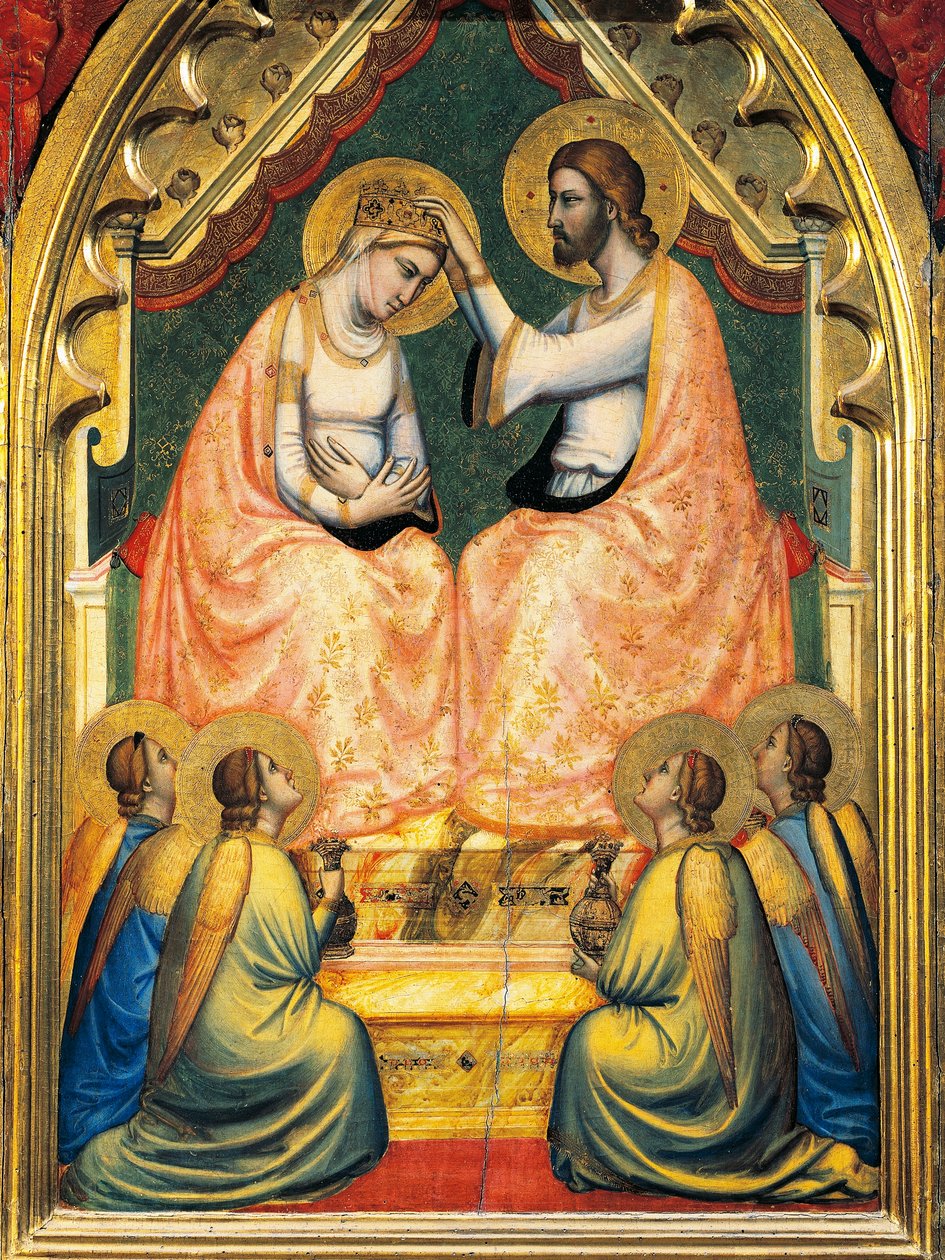 Italien, Florens, Basilica of Holy Cross, Bandini Baroncelli Chapel, Coronation of Virgin, av Giotto (1267-1337), fresk, detalj av Giotto (c.1266 1337)