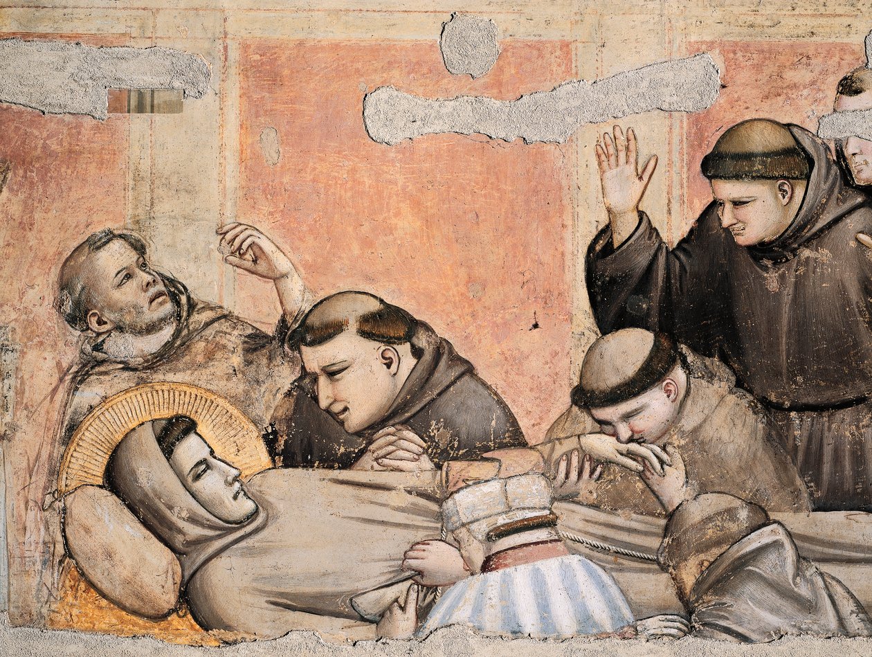 Italien, Florens, Basilica of Holy Cross, Bardi Chapel, Death of St Francis av Giotto (1267-1337), fresk, detalj av Giotto (c.1266 1337)