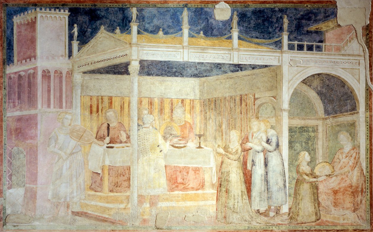 Italien, Florens, Santa Croce-basilikan, Peruzzi-kapellet, Herodes högtid, detalj av berättelser om St John Baptist av Giotto (c.1266 1337)
