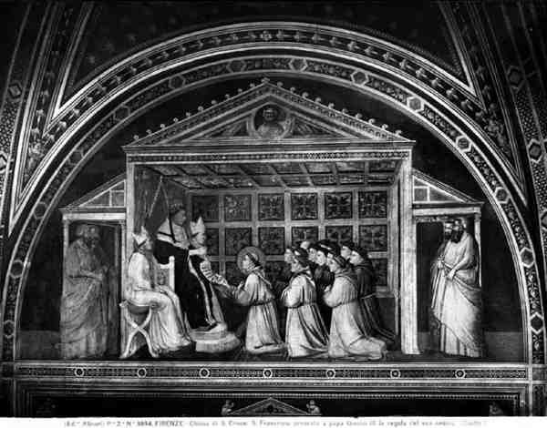 Påven Innocentius III (1160-1216) godkänner regeln (fresco) (svart/vitt foto) av Giotto (c.1266 1337)