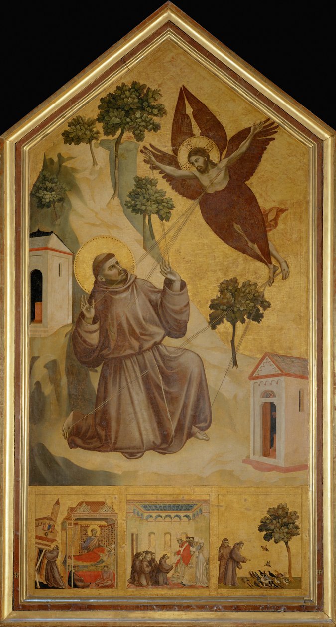 Sankt Franciskus av Assisi som får stigmata. i€ la predelle: Le songe d