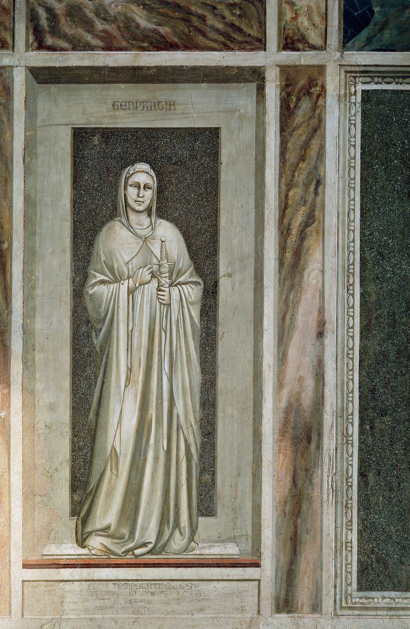 Måttlighet, mild gestalt med svärd bundet till skidan och ett träns vid munnen som symboliserar kontroll av orden, av Giotto, detalj från freskernas cykel The Vices and Virtues av Giotto (c.1266 1337)