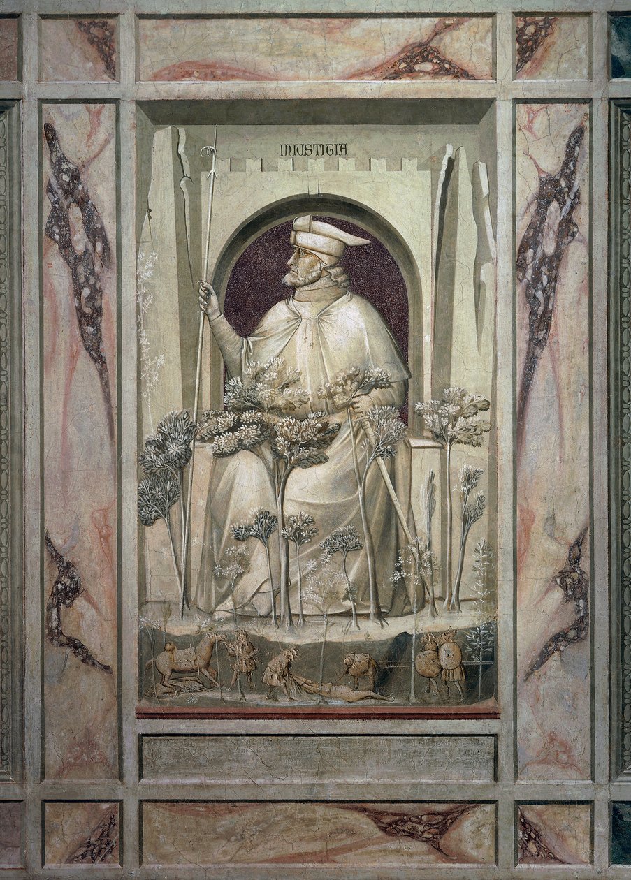 The Injustice, en gammal man som håller ett svärd i sina händer medan framför honom växer ondskans träd, av Giotto, detalj från cykeln av fresker The Vices and Virtues, efter restaureringen 2002, Scrovegni Chapel, Padua, Veneto, Italien. av Giotto (c.1266 1337)