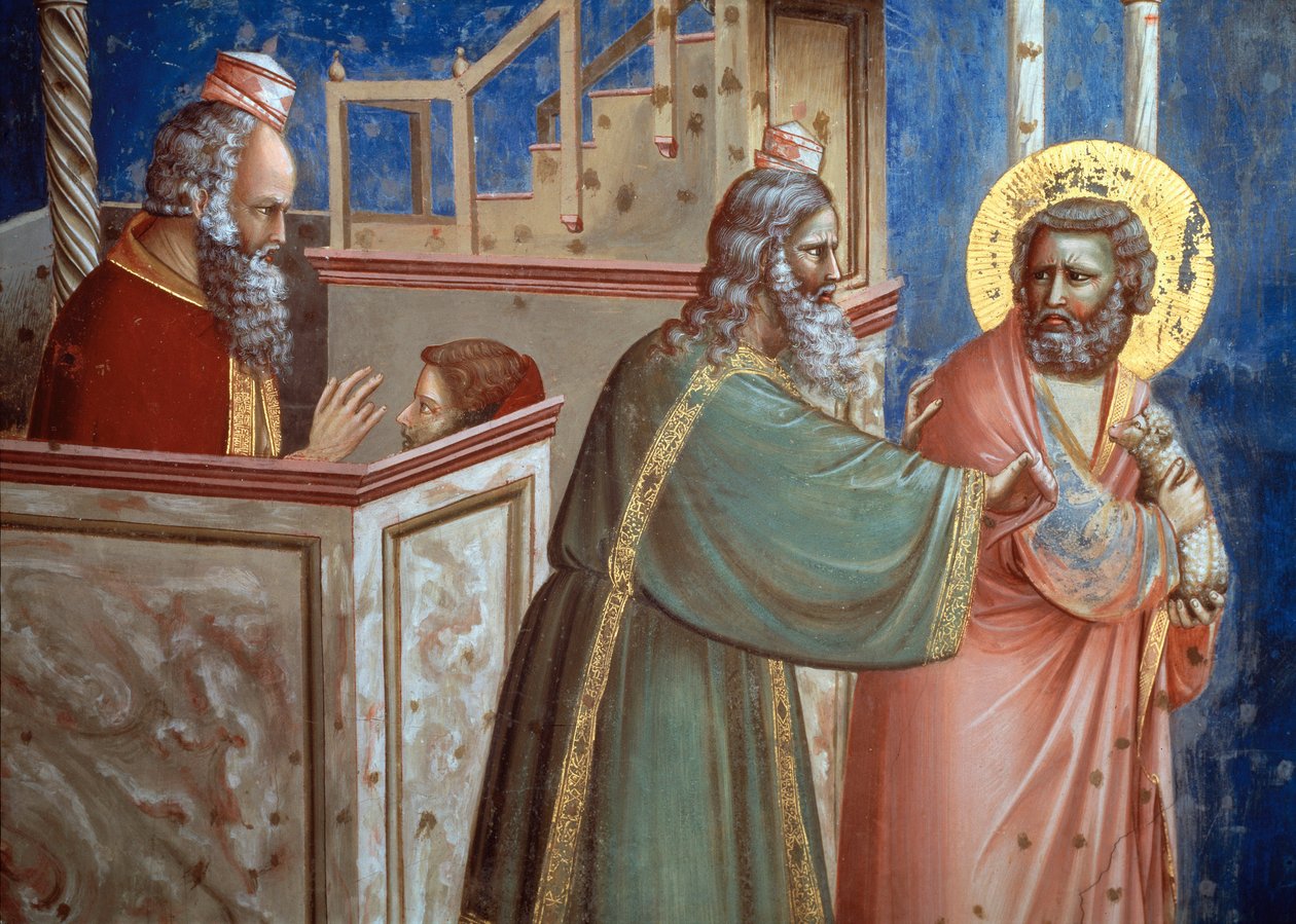 Prästen som avvisade Joachim kom med ett lamm för att offra honom. Detalj från Saint Annes och Saint Joachims liv (fresk av Giotto (c.1266 1337)