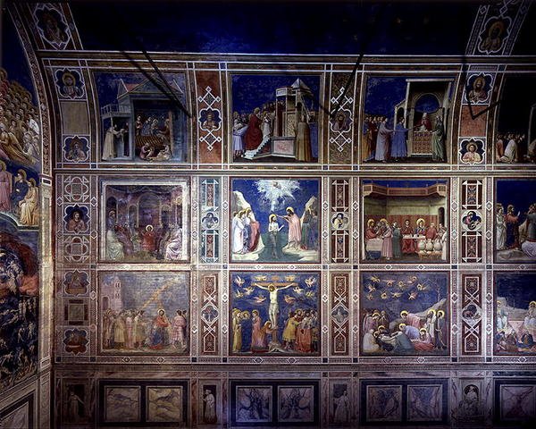 Vy över den norra väggen som visar scener från Jungfruns liv och Kristi liv, ca 1305 (fresk) av Giotto (c.1266 1337)