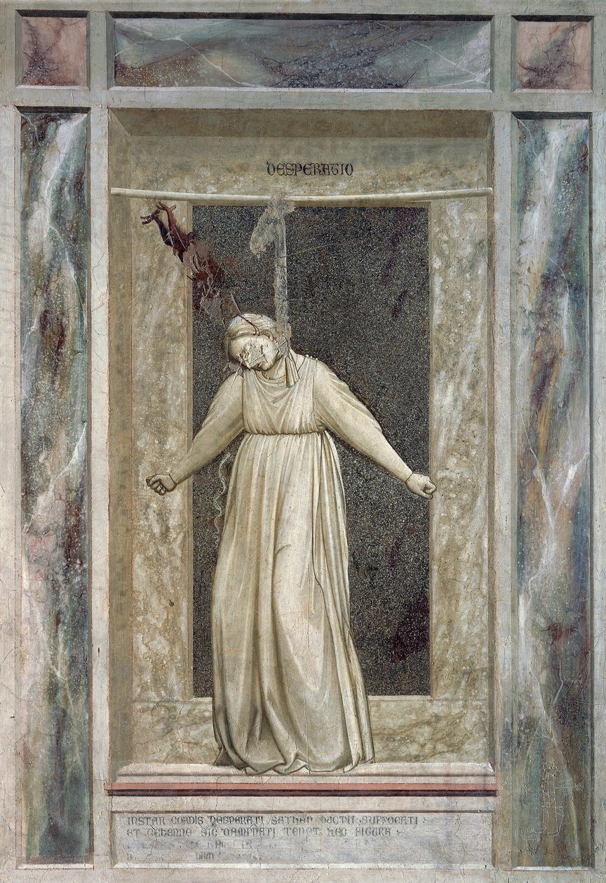 Förtvivlan, kvinnlig figur som hänger sig och djävulen som tar henne i håret, av Giotto (1267-1337), detalj från freskernas cykel The Vices and Virtues av Giotto (c.1266 1337)