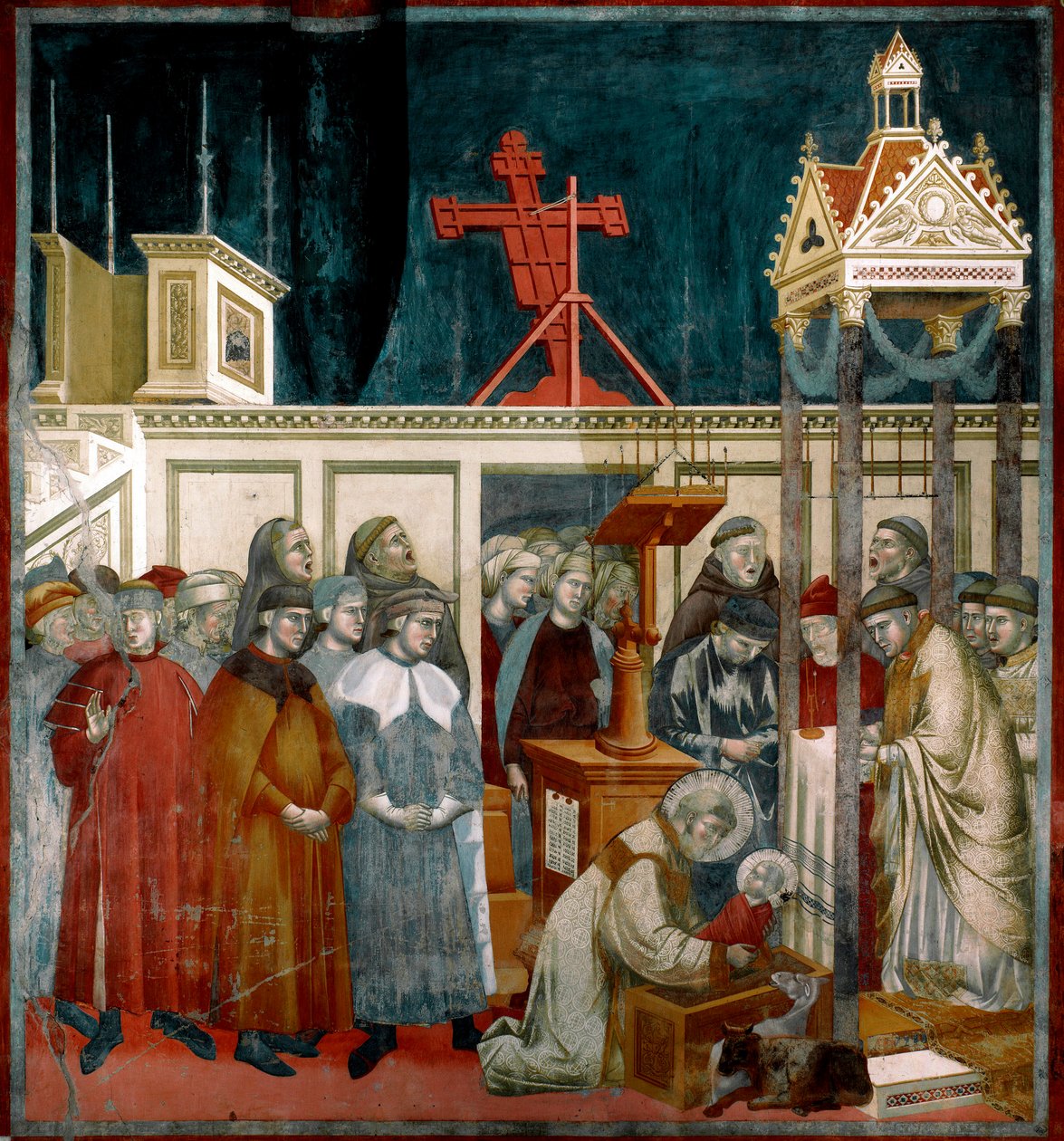 Historia om Saint Francois av Assisi: "Miraklet med daghemmet i Greccio" Saint Francois skapade den första daghemmet i Greccio nära Rieti 1223. Fresk av Giotto di Bondone (1267-1337). 1296-1299 sön. 270x230 cm övre basilikan av Saint Francis of Assisi, av Giotto (c.1266 1337)
