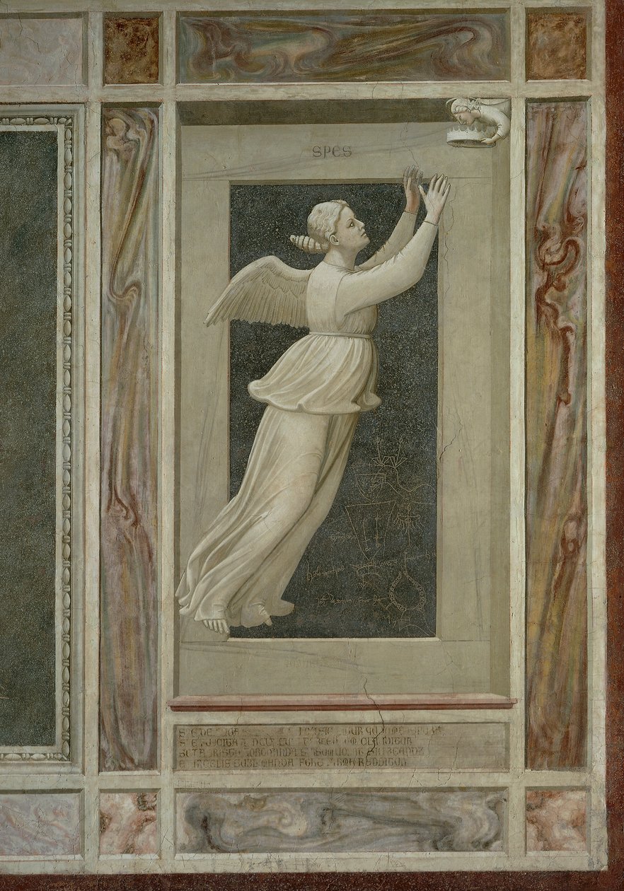 Hope, bevingad kvinnlig figur som flyger mot en ängel som kommer att vägleda henne till himlen, av Giotto (1267-1337), detalj från freskernas cykel The Vices and Virtues av Giotto (c.1266 1337)