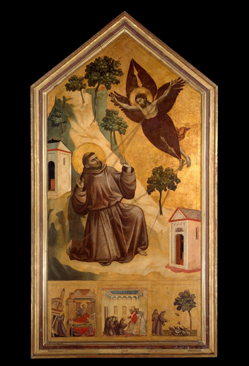 Saint Francois av Assisi tar emot stigmas Tempera på trä av Giotto di Bondone (1266-1337) omkring 1300, sön. 3,13 x 1,63 m. - Stigmata av St Francis. Tempera på trä av Giotto di Bondone (1266-1337) omkring 1295-1300. 3,13 x 1,63 m. Louvren, av Giotto (c.1266 1337)