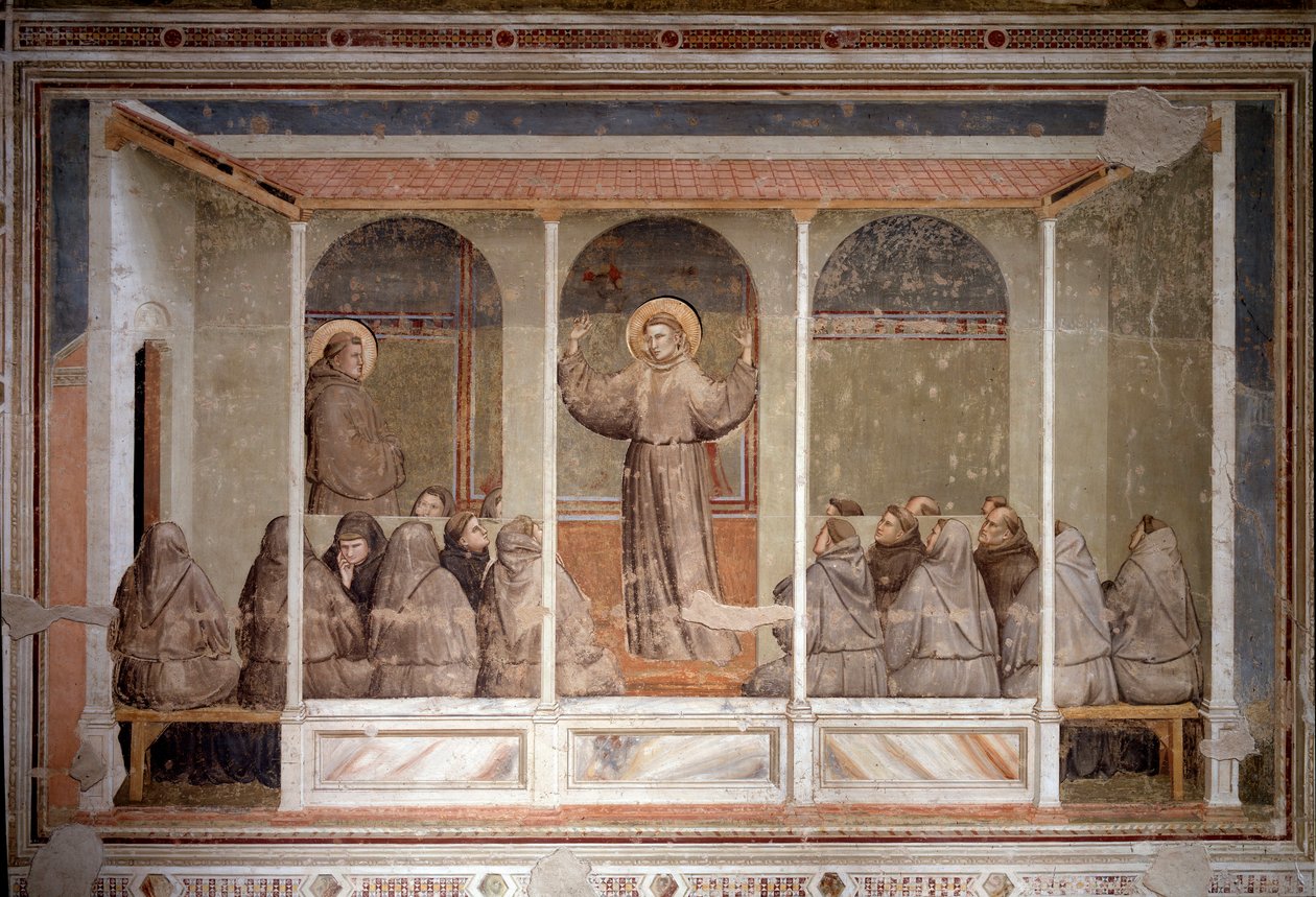 Den helige Franciskus dyker upp i ett kapitel i Arles under förutsagan av den helige Antonius av Padua (Fresco av Giotto (c.1266 1337)