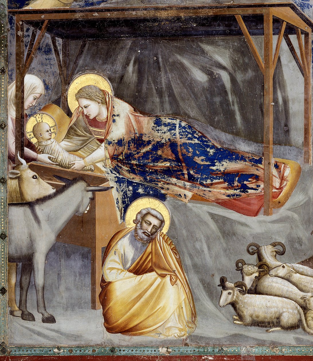 Födelsefödelse, detalj av jungfrun och barnet, åsnan och Josef, detalj av Giotto (c.1266 1337)