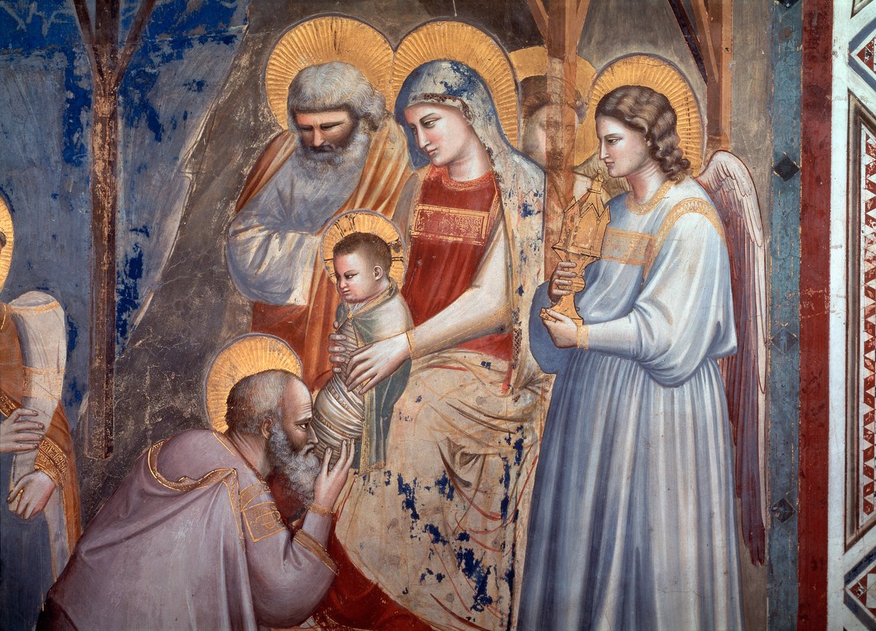 Tillbedjan av Magi. Detalj som visar magikern som lutar sig framför Jesus i Marias armar mellan ängeln och Saint Joseph (fresko av Giotto (c.1266 1337)