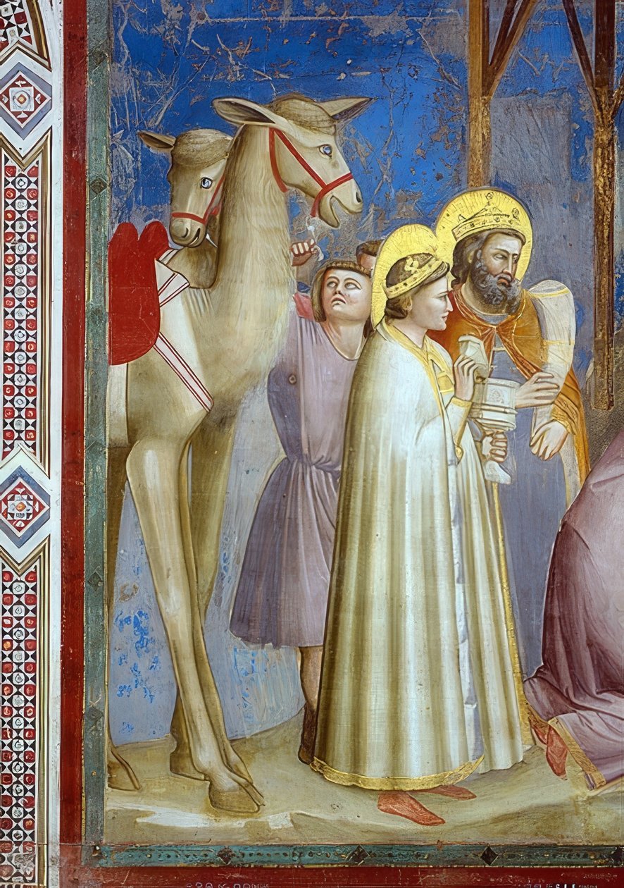 Tillbedjan av Magi. Detalj: två kameler och kungarna med sina gåvor. 1305 av Giotto di Bondone
