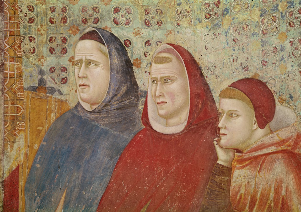 Saint Francis predikar en predikan till påven Honorius III, detalj av tre prelater på höger sida, ca 1297-99 av Giotto di Bondone
