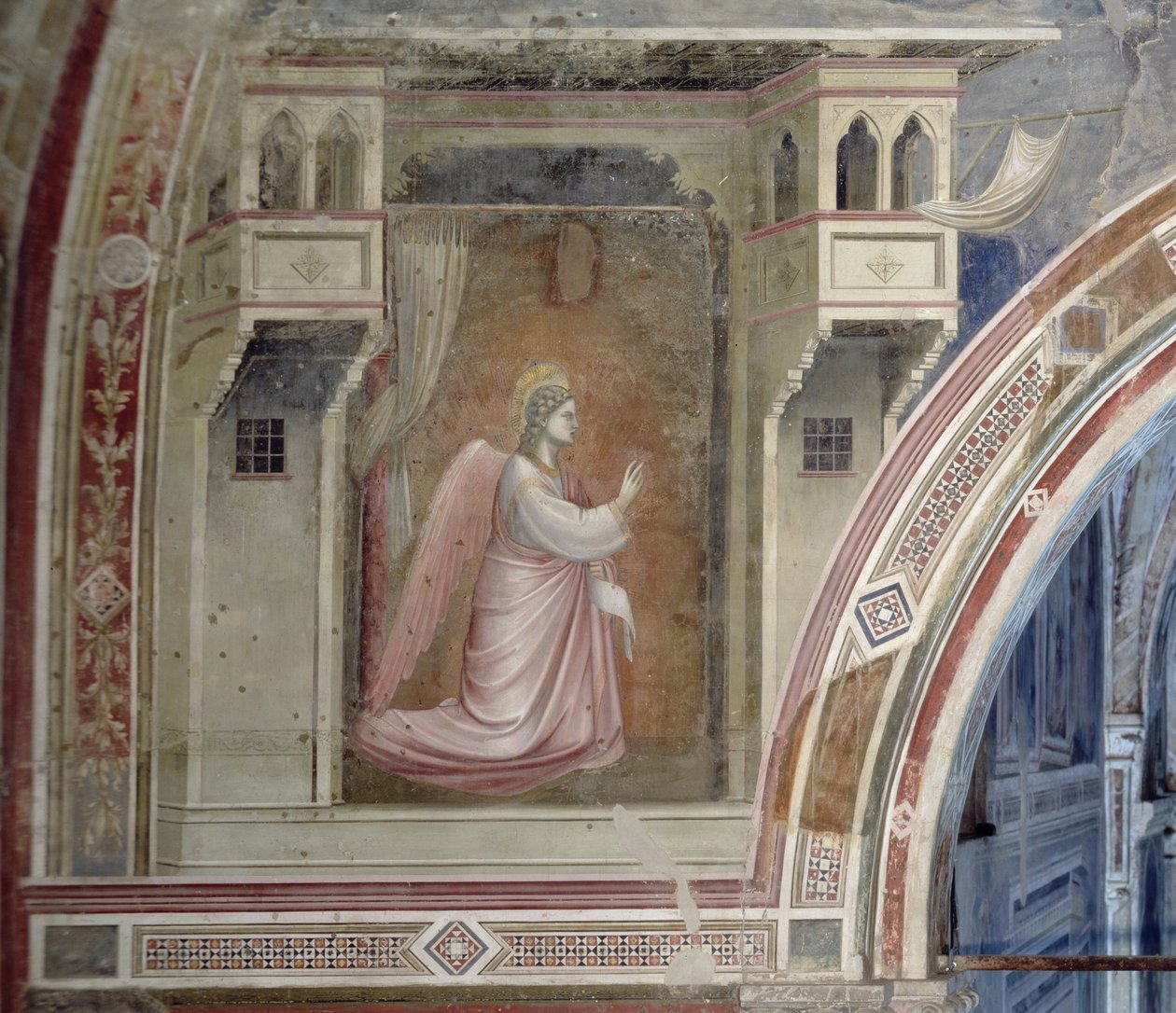 Bebådelsen, detalj av ängeln Gabriel, från lunetten ovanför altaret, fresk ca 1305 av Giotto di Bondone