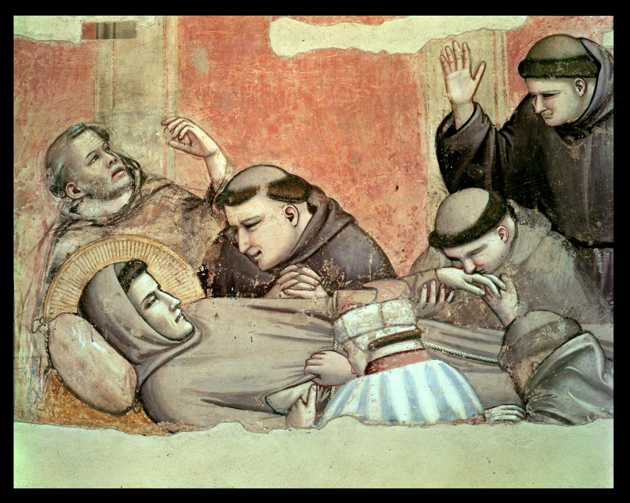 The Death of St. Francis, detalj av St. Francis och munkarna, från Bardi kapell fresk detalj av 63329 av Giotto di Bondone