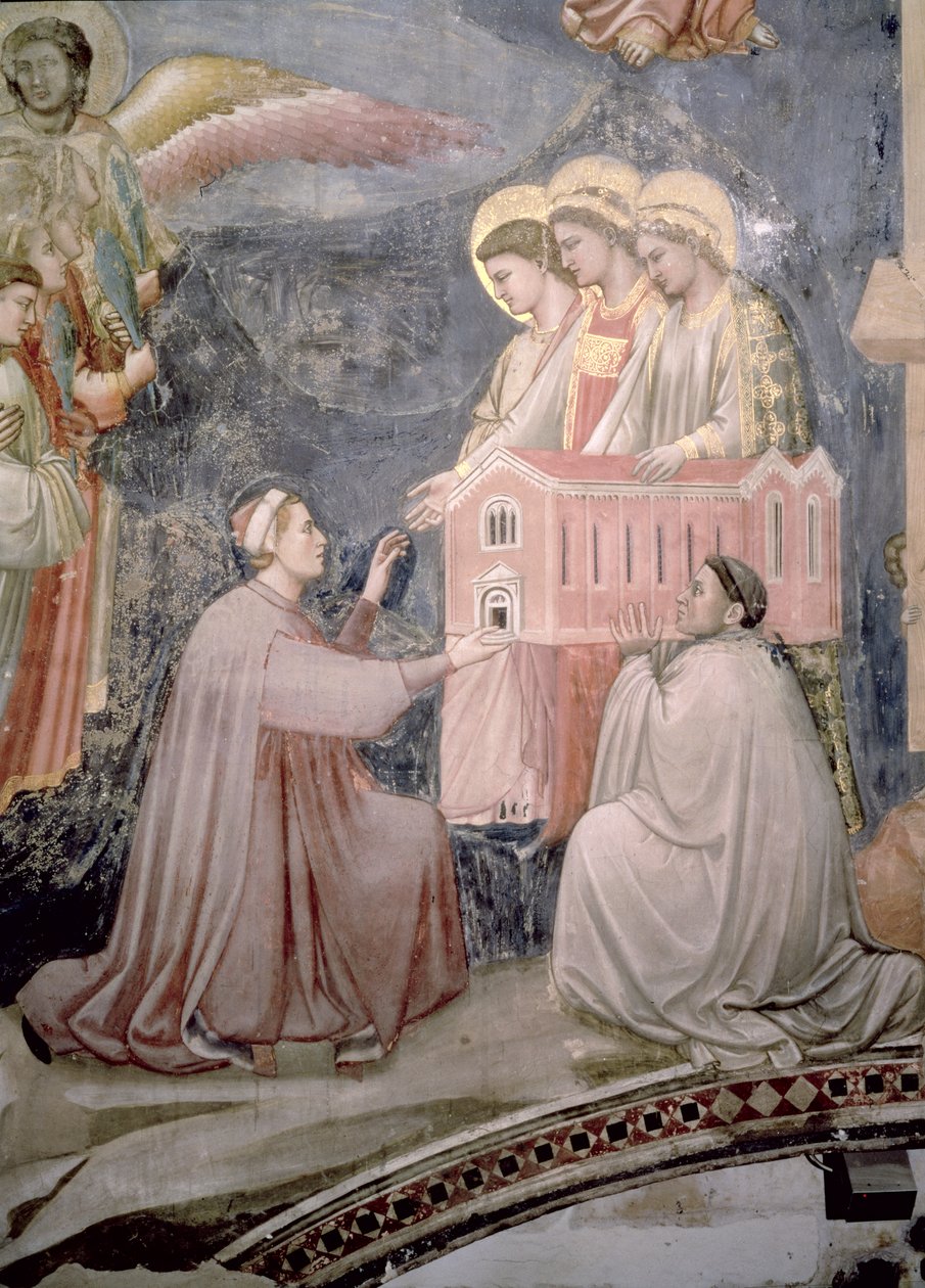 The Last Judgement, detalj av beskyddaren Enrico Scrovegni som presenterar en modell av kyrkan, ca 1305 freskdetalj av 65227 av Giotto di Bondone