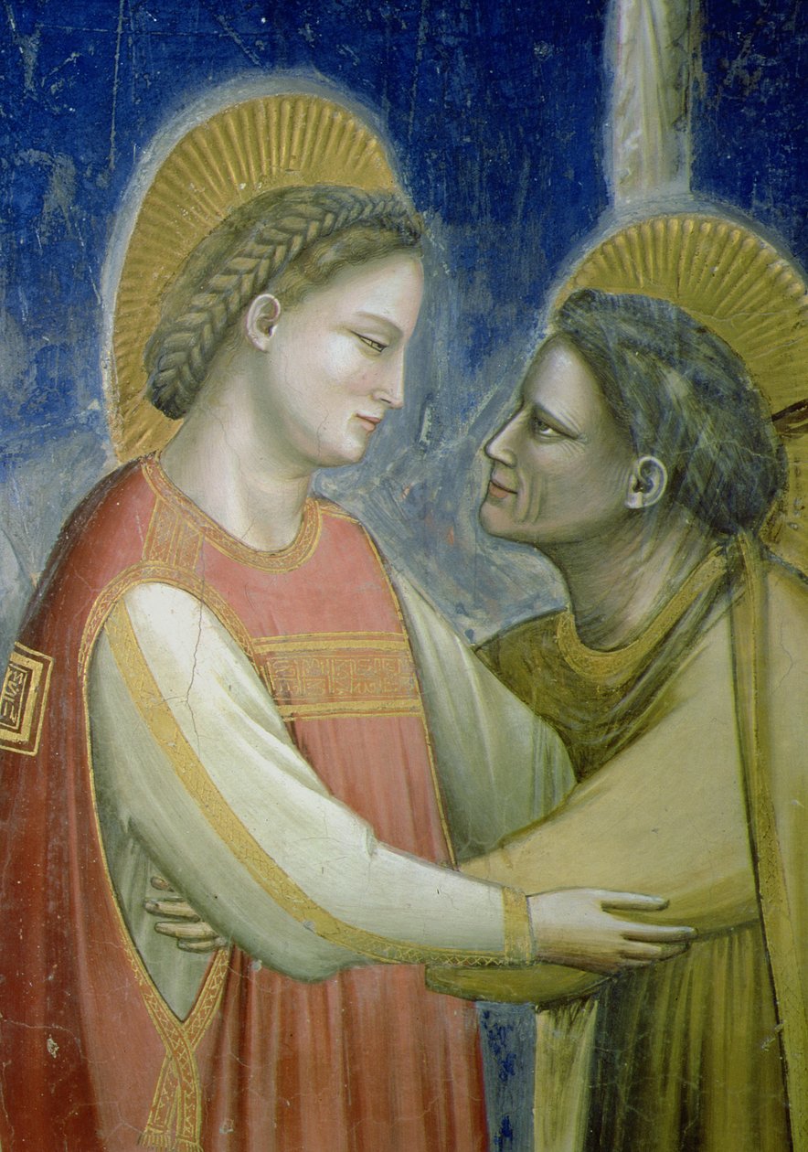 The Visitation, detalj av Jungfrun som omfamnar St. Elizabeth, c.1305 freskdetalj av 102753 av Giotto di Bondone