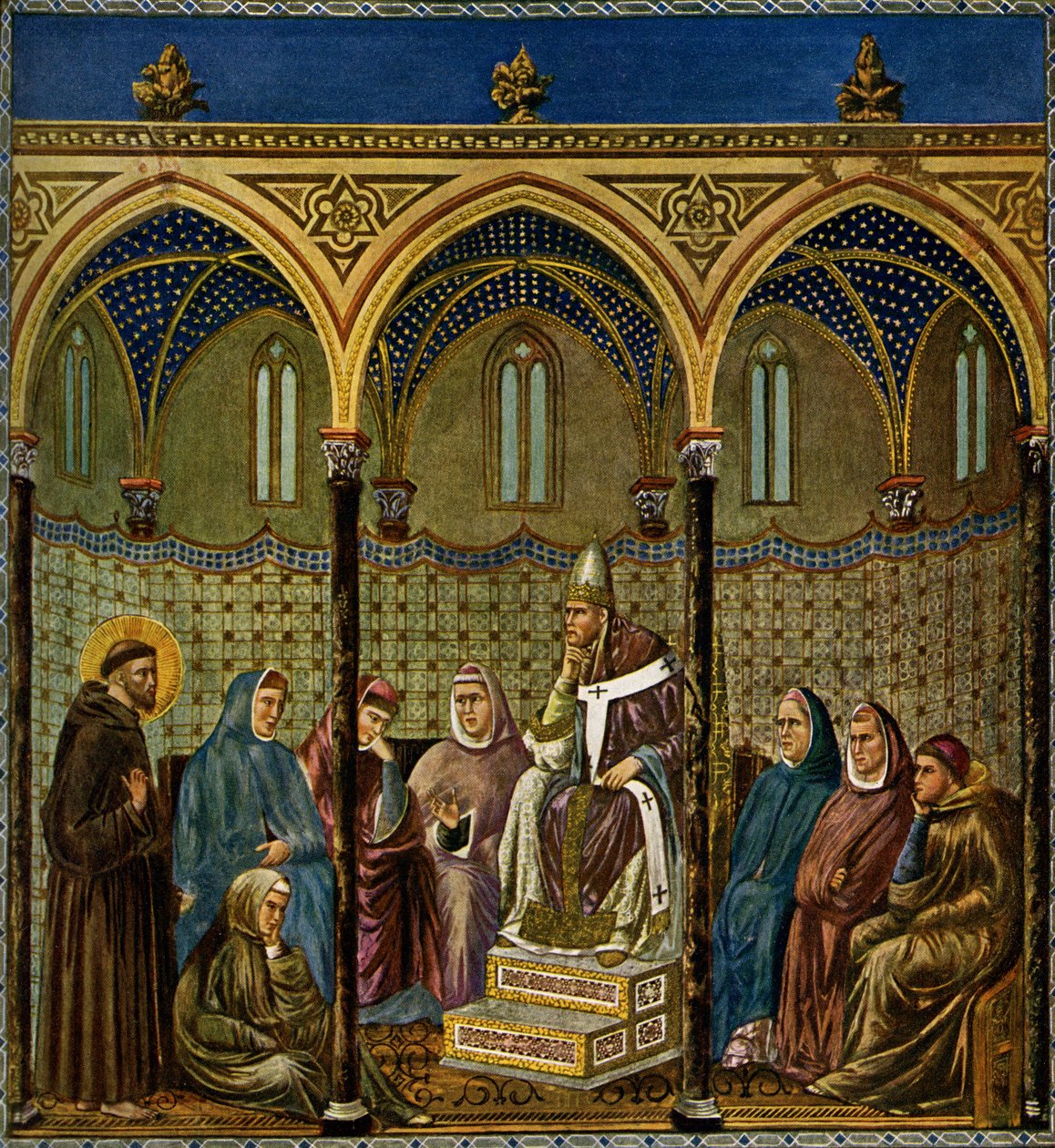 Den helige Franciskus av Assisi predikar för påven Honorius III av Giotto di Bondone