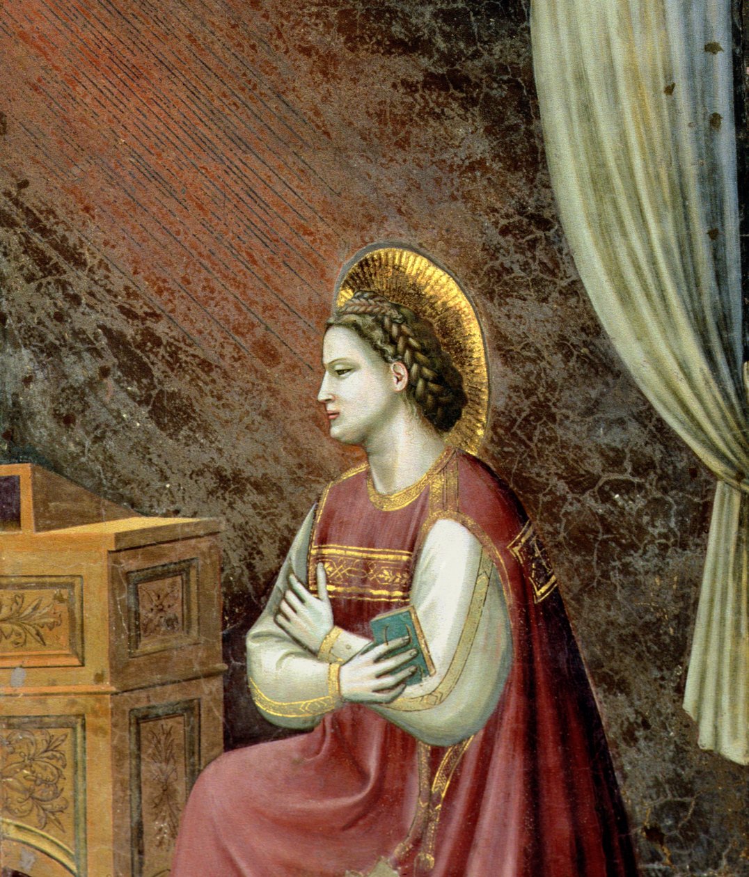 Bebådelsen, detalj av Jungfrun som knäböjer, från lunetten ovanför altaret, ca 1305 (detalj av 97840) av Giotto di Bondone