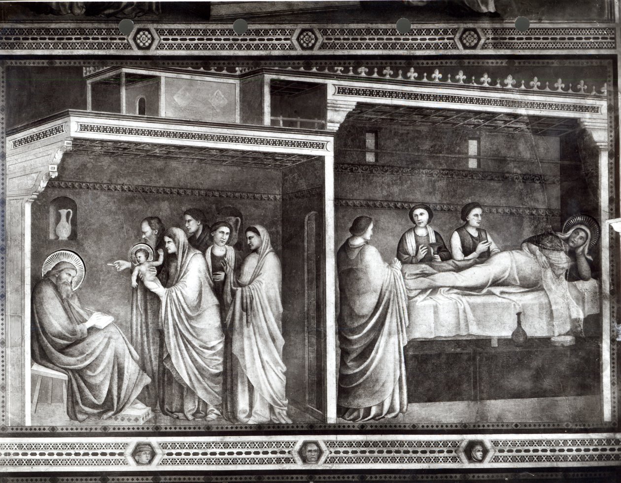 Johannes Döparens födelse och hans far Zacharias skriver hans namn av Giotto di Bondone