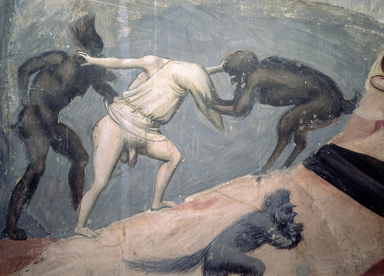 The Last Judgement: Hell, detalj av en av de fördömda tagen av två demoner, c.1303-05 av Giotto di Bondone