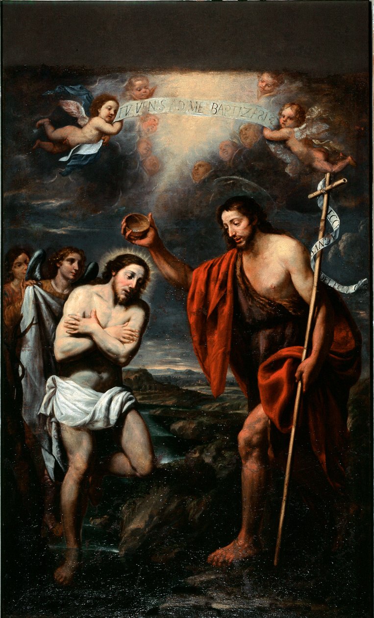 Kristi dop (Jesu Kristi dop) Målning av Giovanni Battista Calzone (1609-1681) Santa Margherita Ligure från 1600-talet, Santa Margherita-kyrkan av Giovan Battista Casone