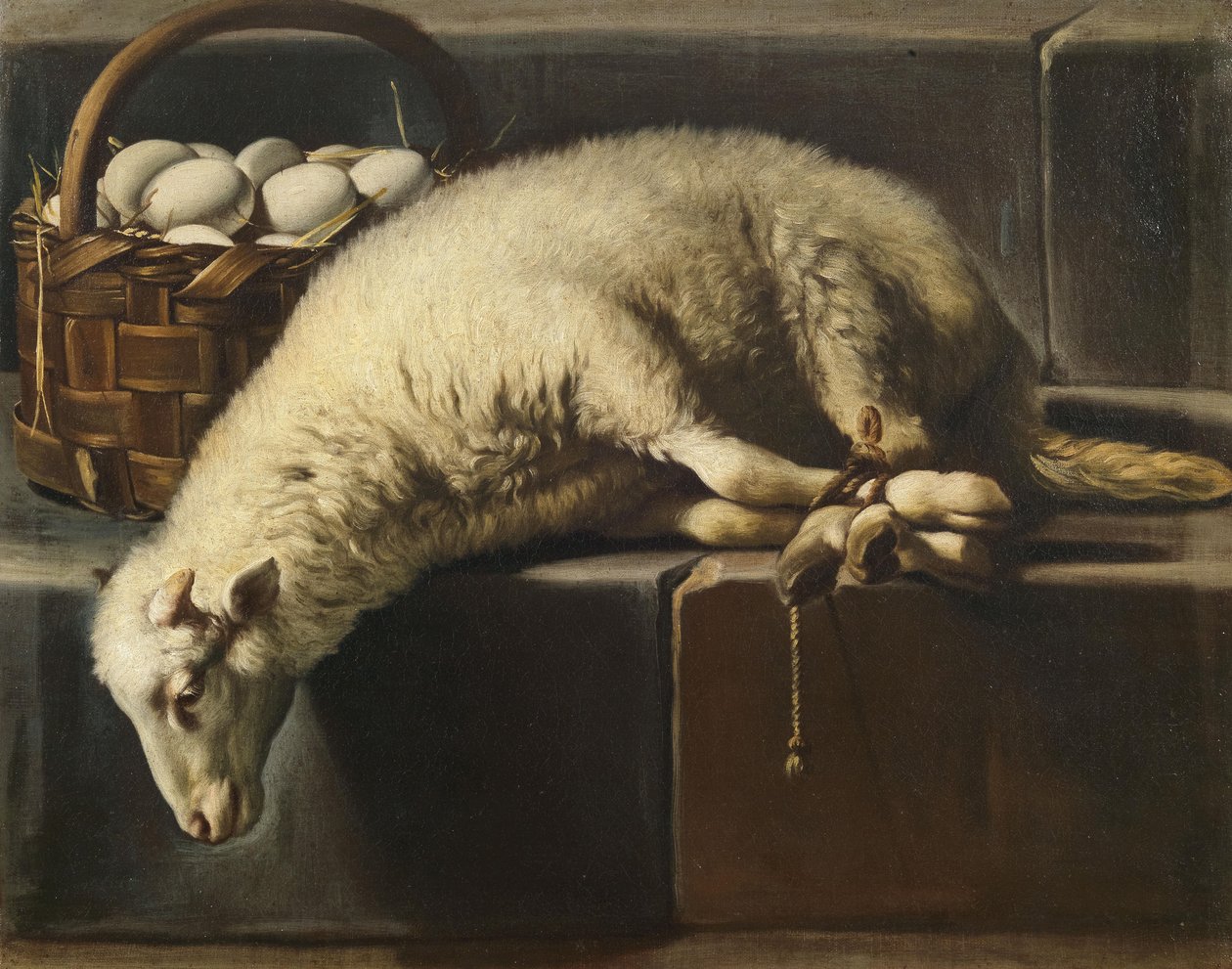 Ett ligerat lamm förutom en korg med ägg Allegory of Easter, 1600-talets andra hälft.. av Giovan Battista Recco