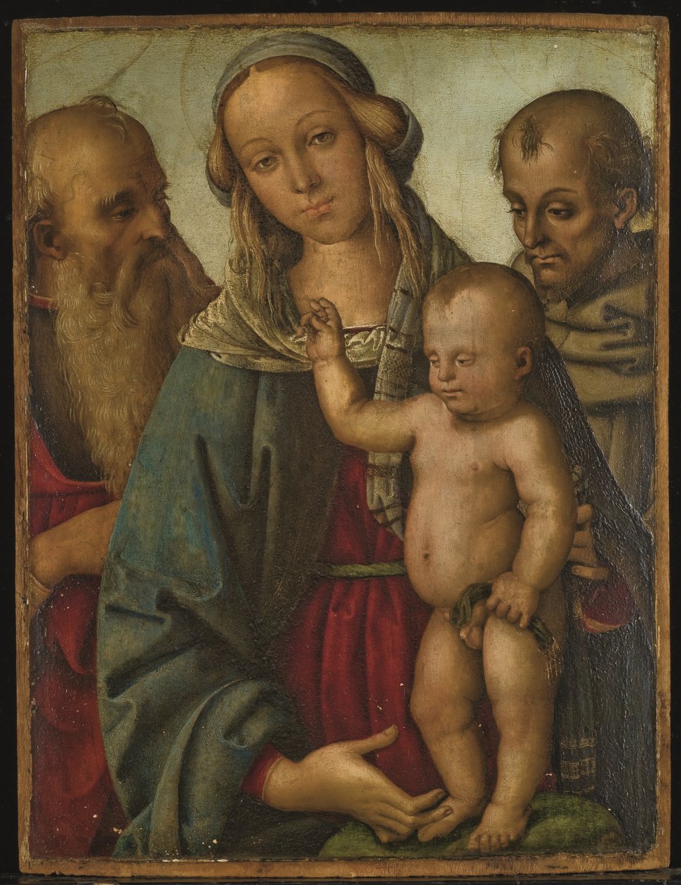 Jungfru med barn och helgonet Hieronymus och Franciskus (olja på pannå) av Giovan Maria di Bartolomeo Bacci di (1450 1510) Belforte