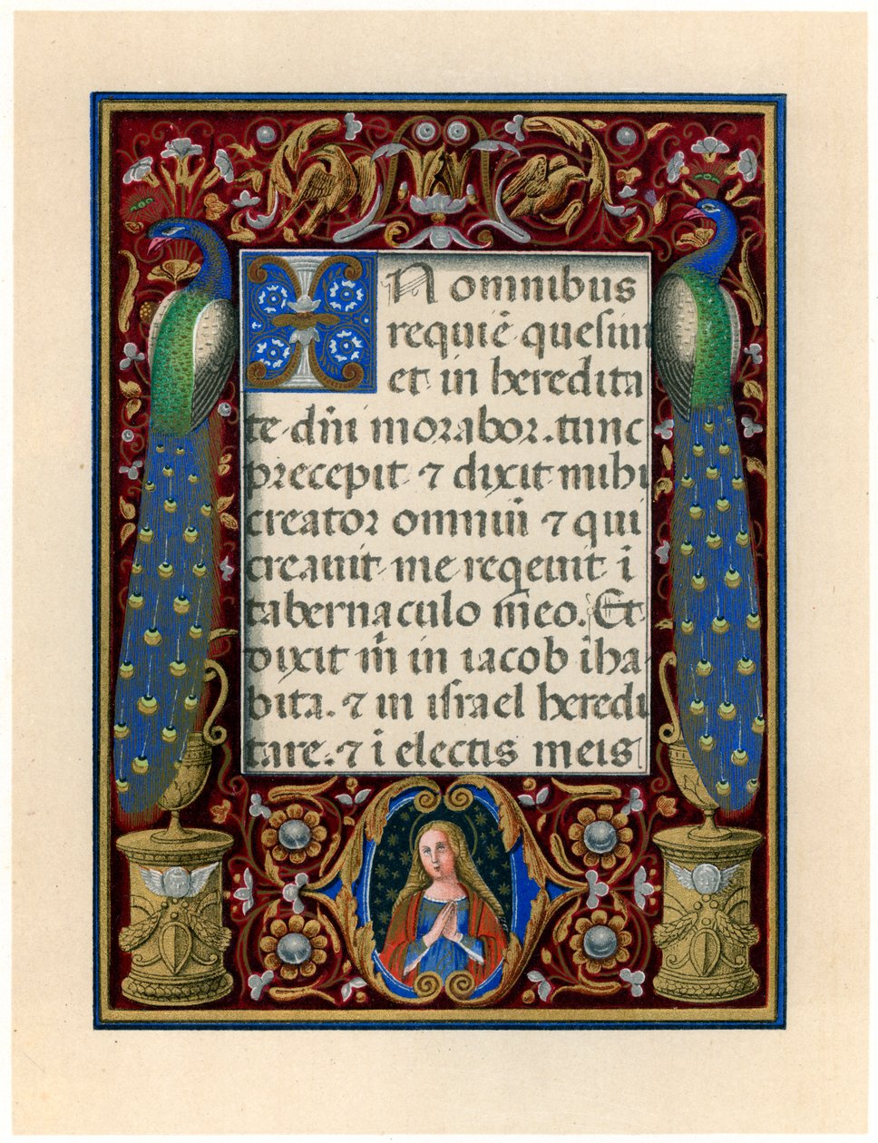 Textsida med Jungfrun och två påfåglar, c1490 av Giovan Pietro Birago