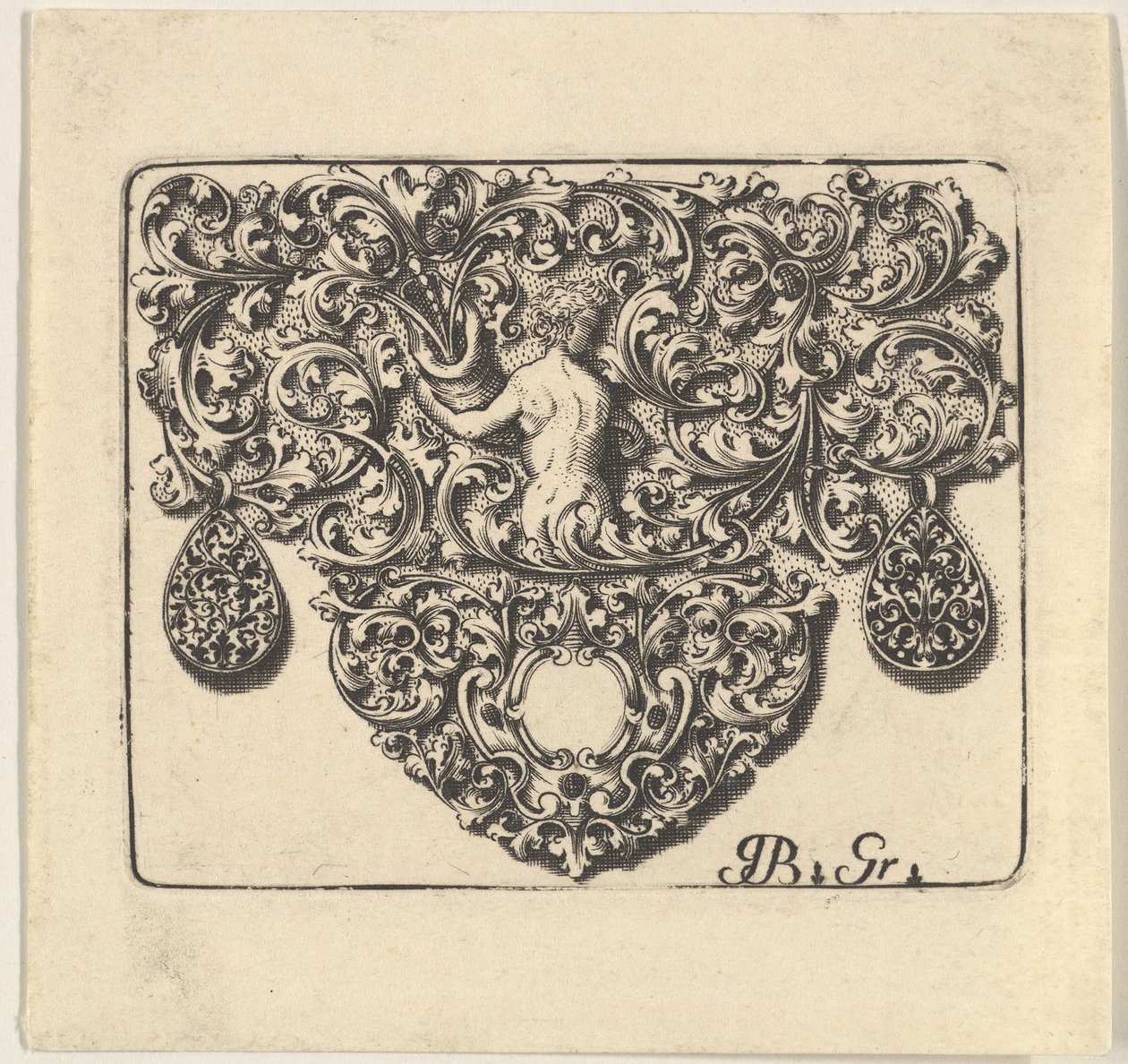 Guldsmedsprydnad med en ung man som håller ett ymnighetshorn, 1709. av Giovani Battista Grondoni