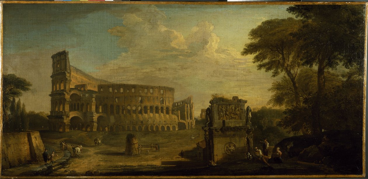 Utsikt över Colosseum, Rom (olja på duk) av Giovani Paolo (attr. to) Panini