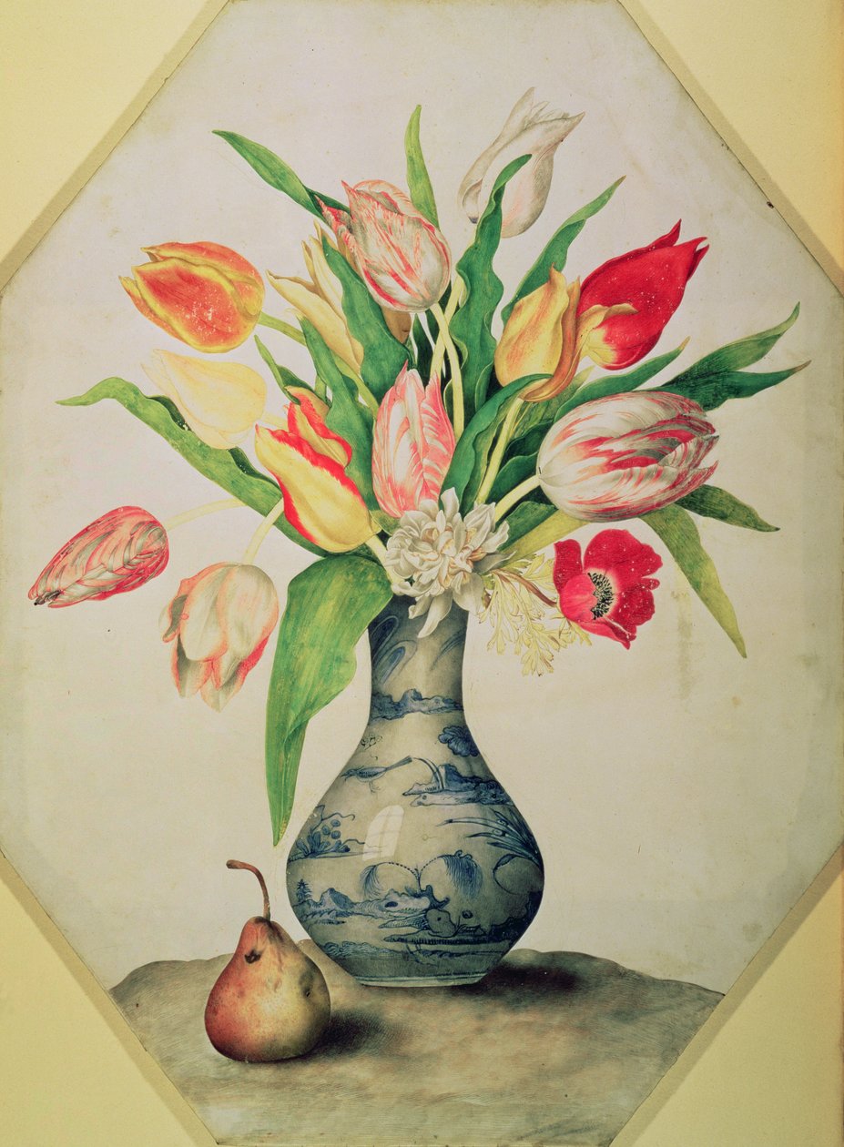 Blå Kina vas med tulpaner (tempera på veläng) av Giovanna Garzoni