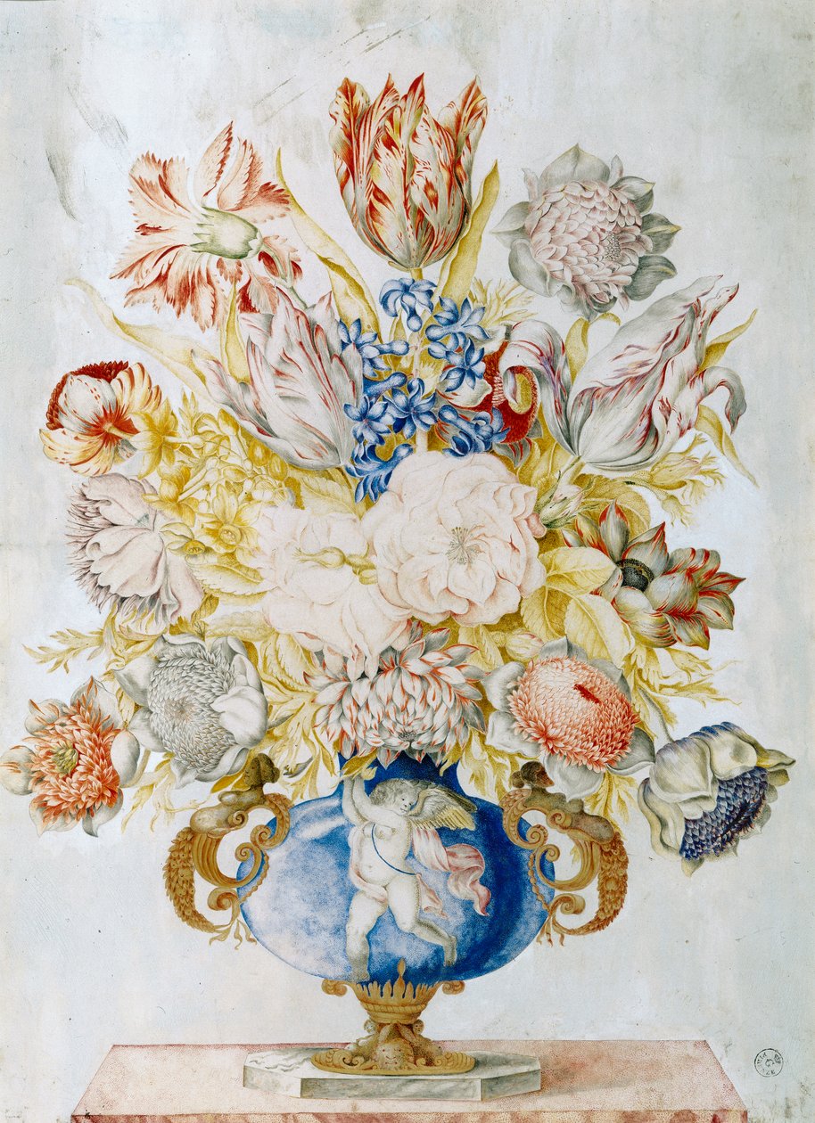 Dybblå krystalvase med et bundt blomster (wc)swed av Giovanna Garzoni