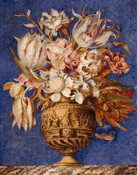 Blommor i en vas som står på en marmorkant (akvarell, gouache & guld på veläng) av Giovanna Garzoni