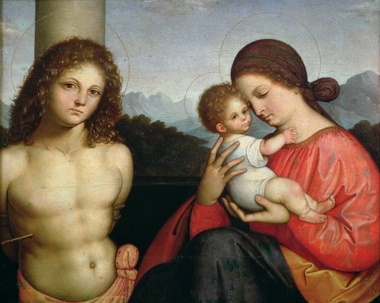Madonna och barn med St. Sebastian (panel) av Giovanni Agostino da Lodi