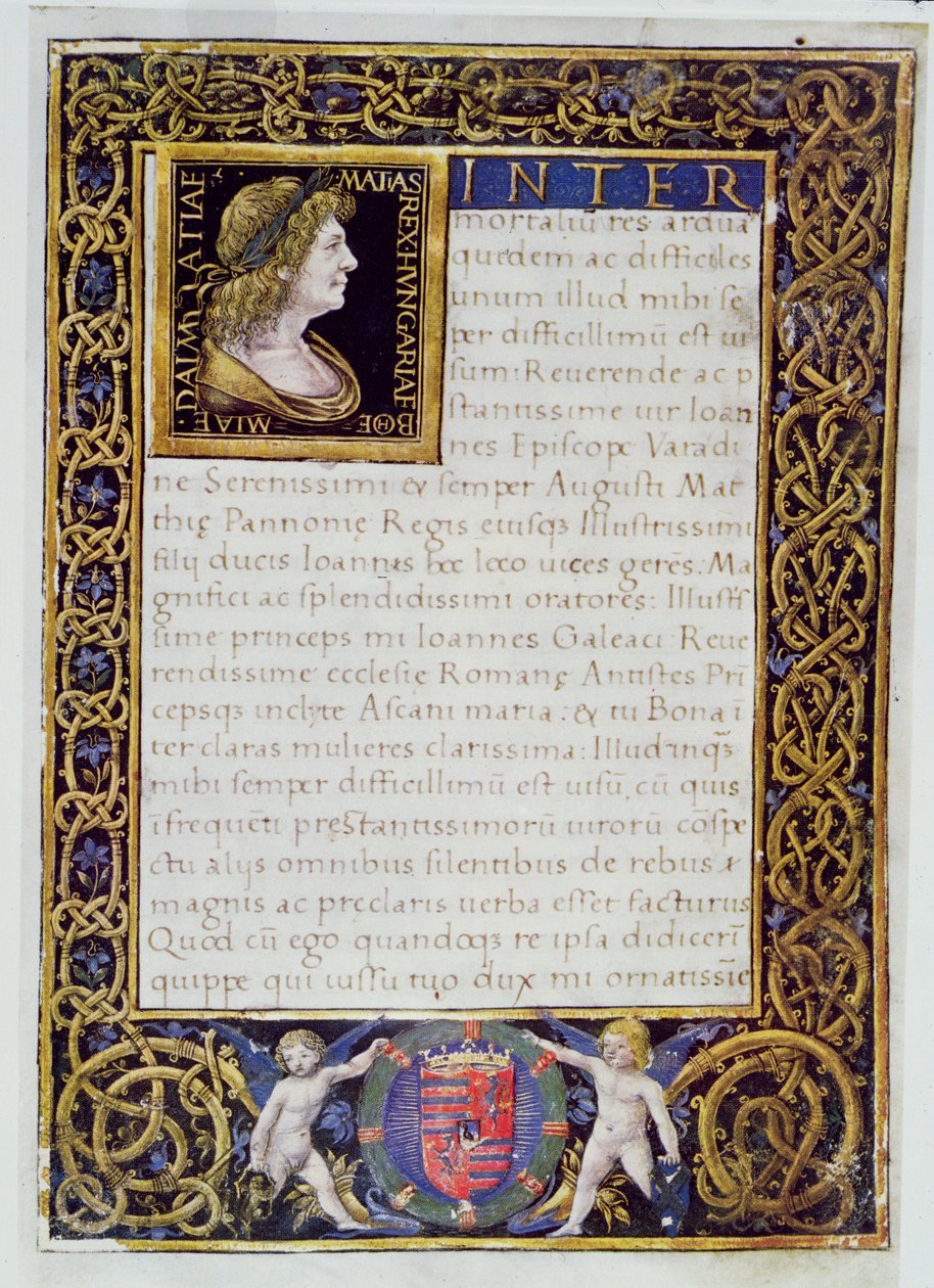 Sidan från en codex med ett porträtt av Matthias I (1440-90) Corvinus. av Giovanni Ambrogio de Predis