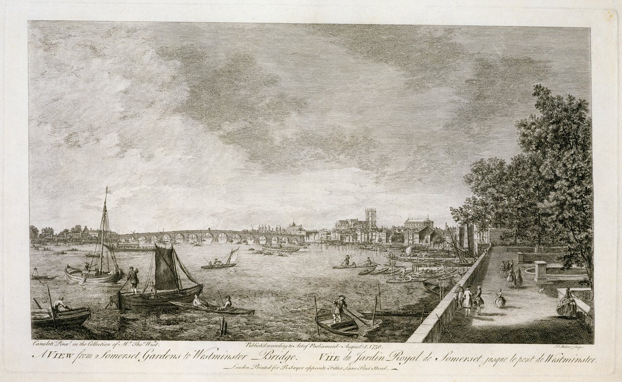 En vy från Somerset Gardens till Westminster Bridge, graverad av Johann Sebastian Mueller (ca 1715-92) 1750 (se 111929) av Giovanni Antonio Canal