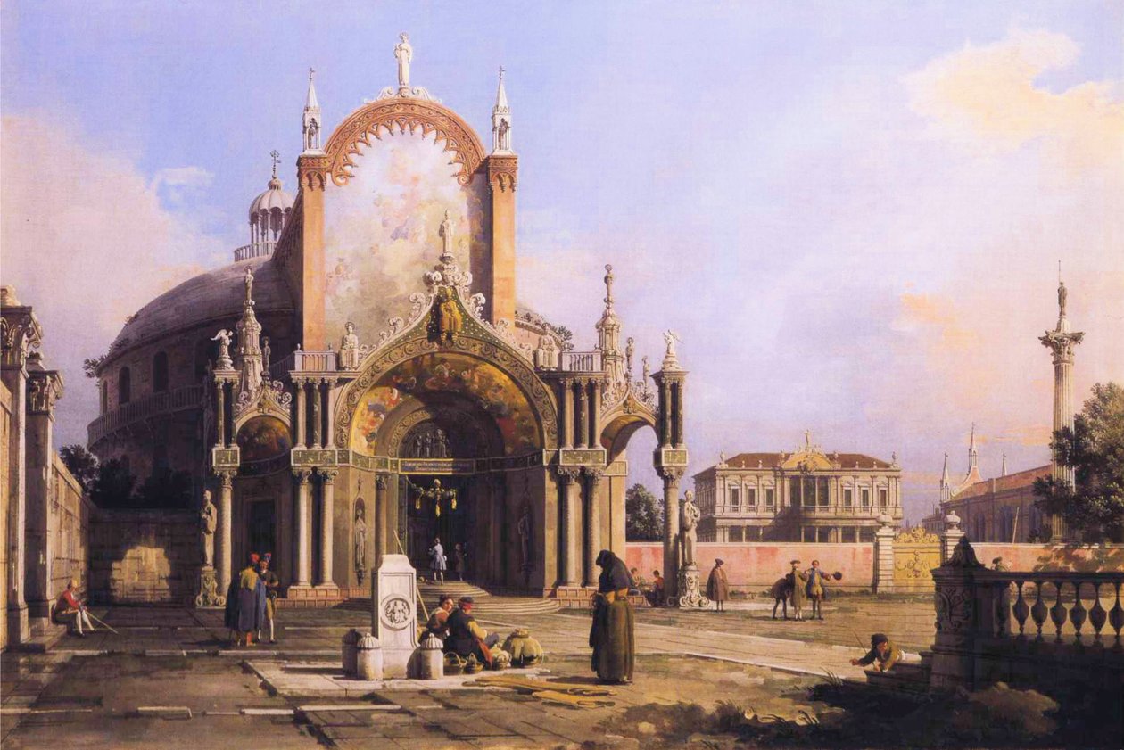 Capriccio of a Round Church with an Elaborate Gothic Portico in a Piazza, a Palladian Piazza and a Gothic Church Beyond.JPG av Giovanni Antonio Canal